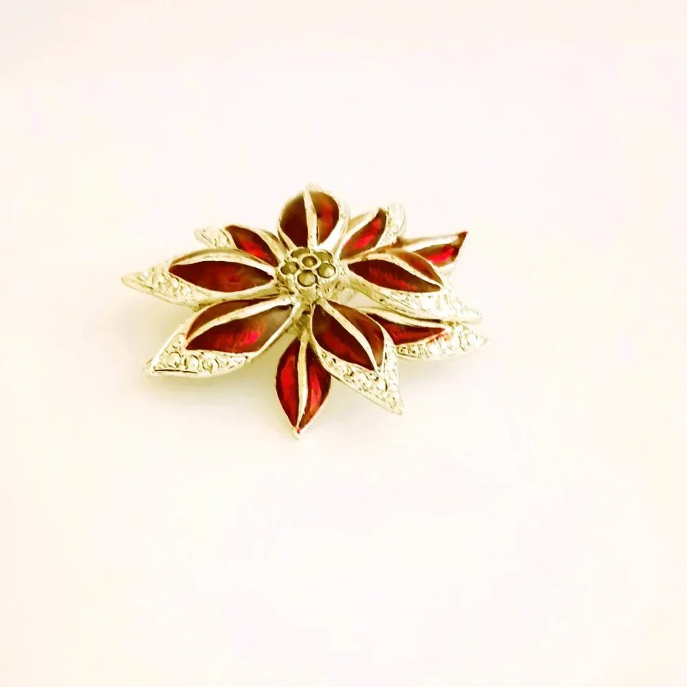 Silver Red Enamel Poinsettia Brooch Women's Floral Pave' Rhinestone Pin Jewelry